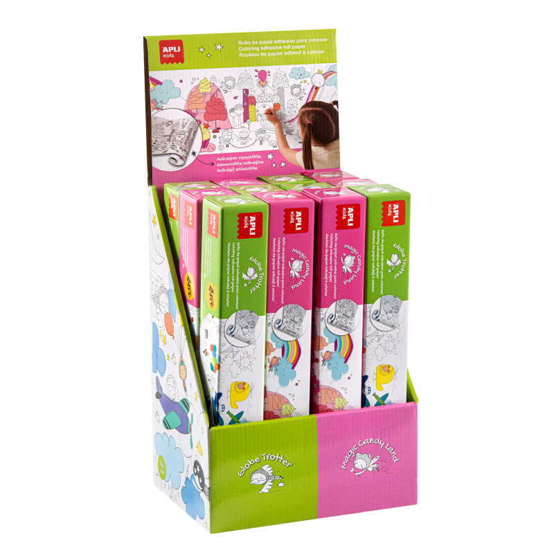 Présentoir Rouleau Papier Adhésif Apli pour Coller et Colorier - Taille 30Cmx4M - 12 Rouleaux avec Dessins Transport et Candy