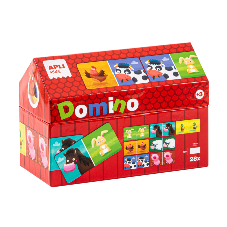 Apli Kids Domino de la Ferme illustré par Angelica Scudamore - 28 Pièces de 14x7 cm - Boîte en Forme de Petite Maison - Pièces