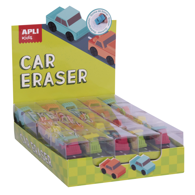 Lot de 20 gommes voiture Apli assorties présentoir