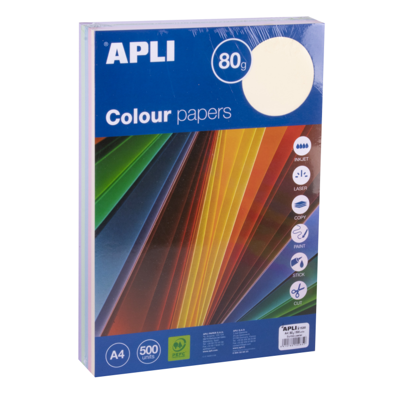Apli Assortiment de papiers couleur pastel A4 500 feuilles