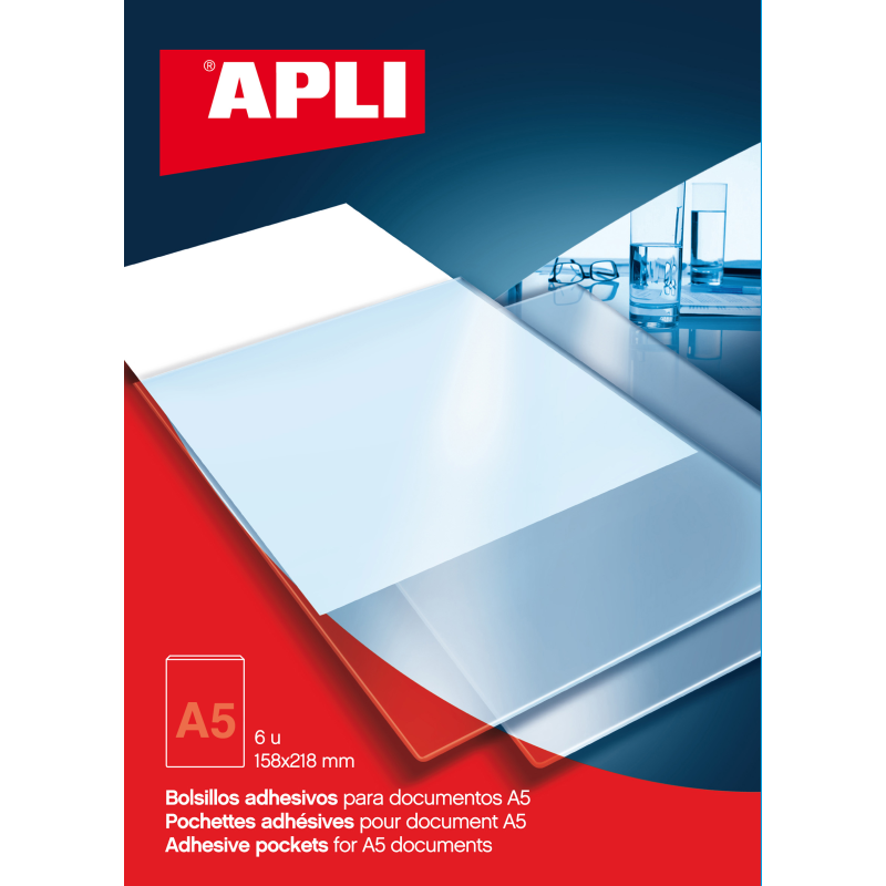 Pochettes Adhésives Apli A5 - Poche Supplémentaire pour Documents et Images - 6 Unités par Sac