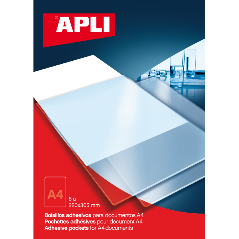 Pochettes Adhésives Apli A4 - Sac avec 6 Poches - Idéal pour les Chemises, Dossiers et Livres - Ajoute Une Poche Supplémentaire