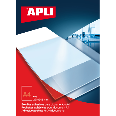 Pochettes Adhésives Apli A4 - Sac avec 6 Poches - Idéal pour les Chemises, Dossiers et Livres - Ajoute Une Poche Supplémentaire