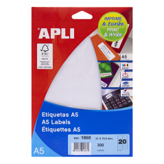 Apli A5 étiquettes blanches 21,0 x 74,6 mm 15 feuilles