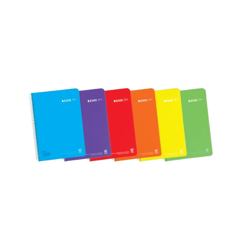 Enri Plus Pack de 5 Carnets Spirales Format Folio Ligné 2.5mm - 80 Feuilles 90gr avec Marge - Couverture Plastique - Couleurs