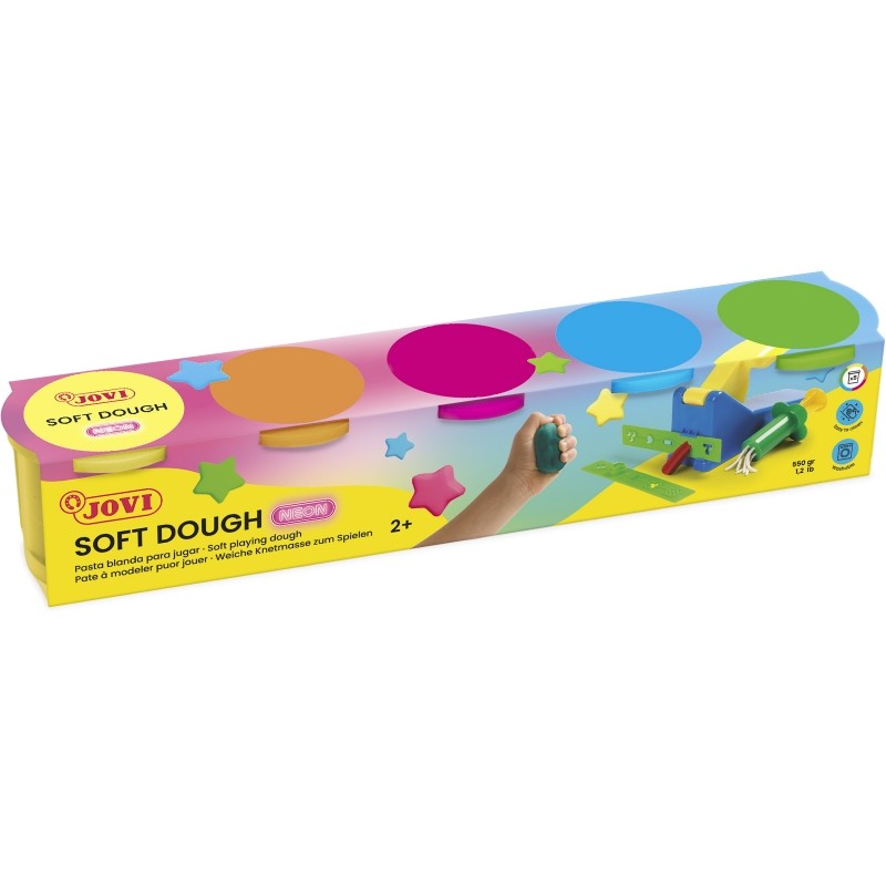 Jovi Coffret de 5 Pots à Pâte Souple de Couleurs Fluo - Souple et Flexible - Facile à Pétrir et à Mouler - Idéal pour Débuter