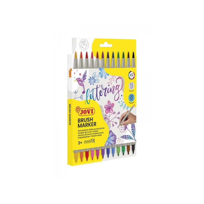 Jovi Feutres Etui de 12 Marqueurs Double Pointe Pinceau - Pointe Fine et Flexible - Encre à Base d'Eau - Idéal pour le Lettrage