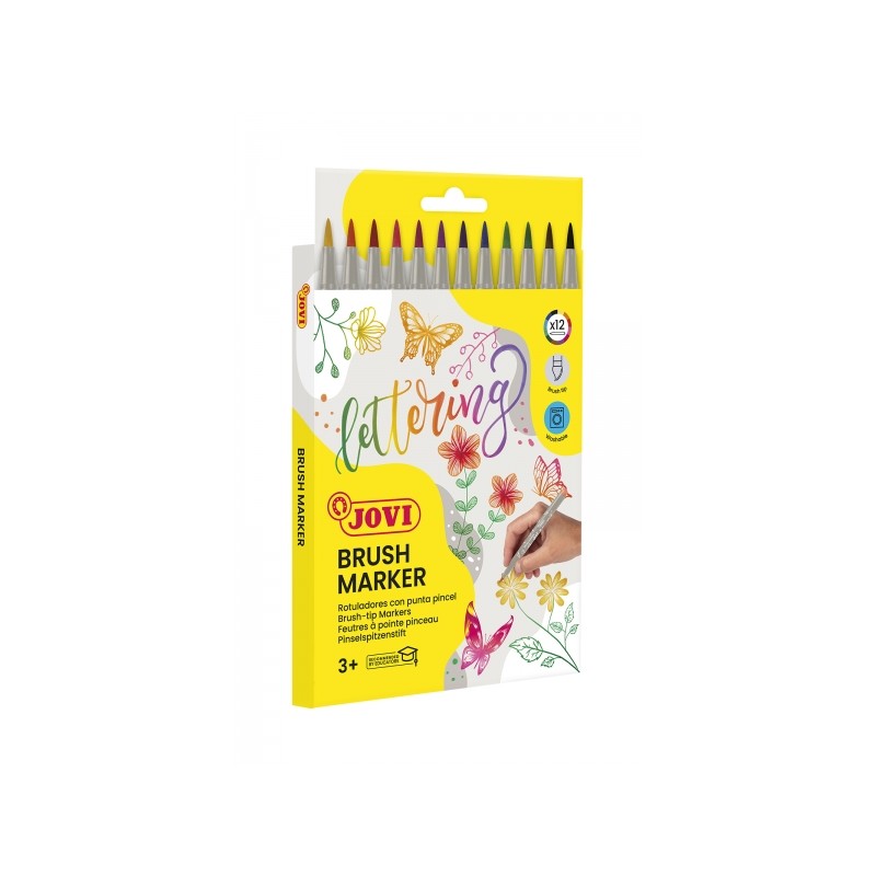 Jovi Étui de 12 feutres marqueurs à pointe pinceau - Pointe souple et flexible - Traits fins et épais - Encre à base d'eau