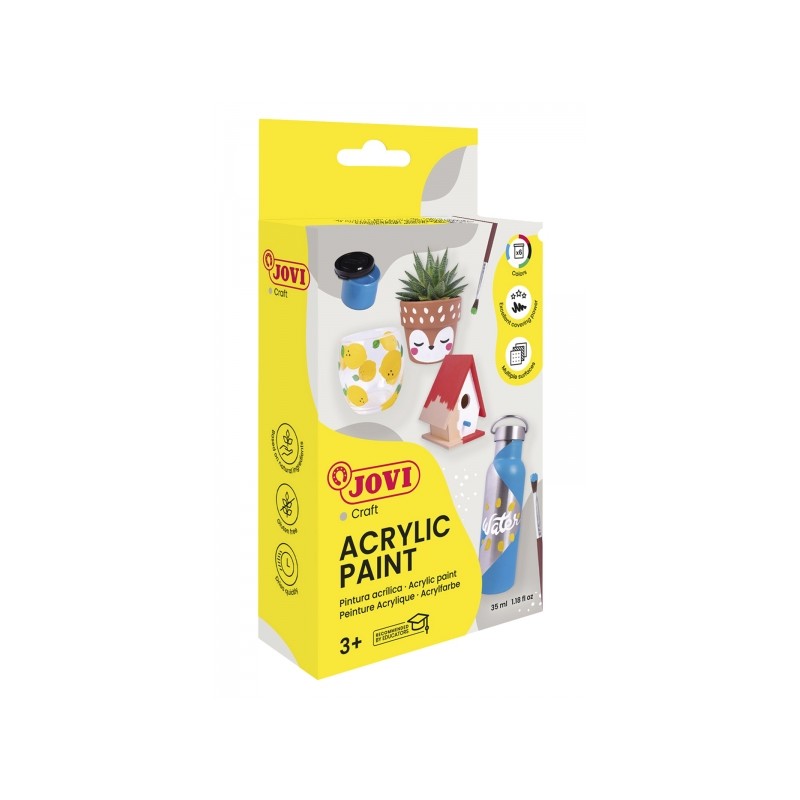 Jovi Coffret de Peinture Acrylique avec 6 Flacons + Pinceau - Finition Satinée - Haut Pouvoir Couvrant - Application Facile