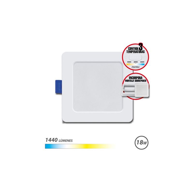 Downlight Carré Elbat 18W - 1440Lm - Sélecteur 3 Températures + Support Mural - Couleur Blanc
