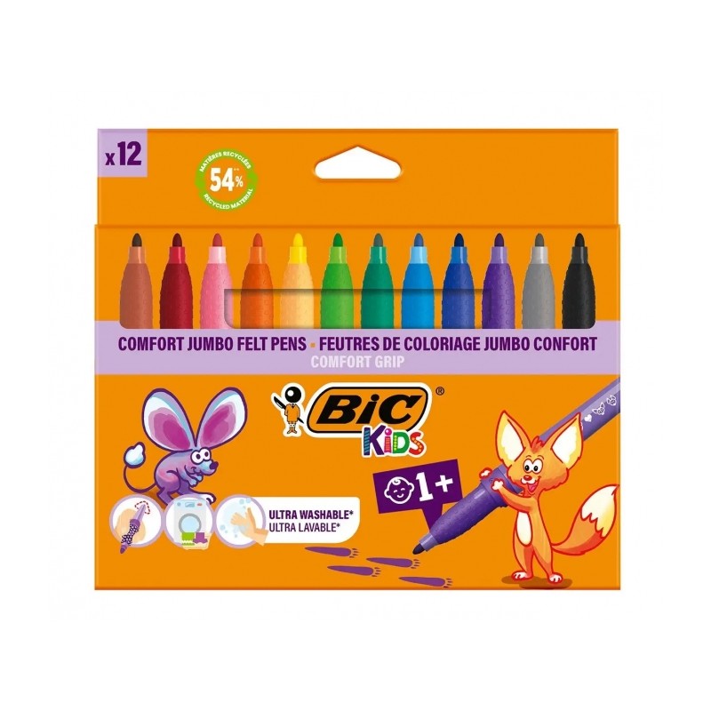 BIC Kids Comfort Jumbo Pack de 12 Feutres à Encre Lavable - Facile à Nettoyer - Prise Antidérapante - Couleurs Assorties