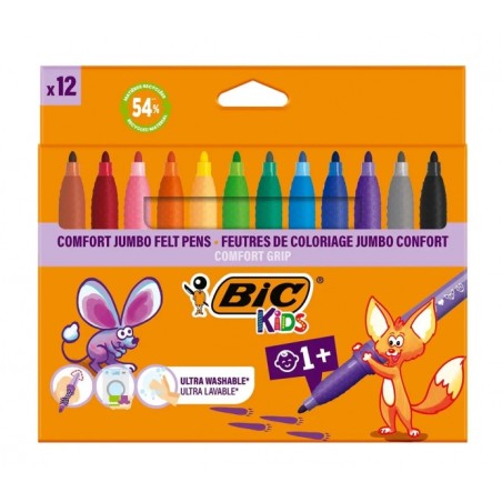 ✅ BIC Kids Comfort Jumbo Pack de 12 Feutres à Encre Lavable - Facile à Nettoyer - Prise Antidérapante - Coule en stock