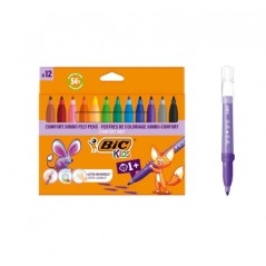 BIC Kids Comfort Jumbo Pack de 12 Feutres à Encre Lavable - Facile à Nettoyer - Prise Antidérapante - Couleurs Assorties