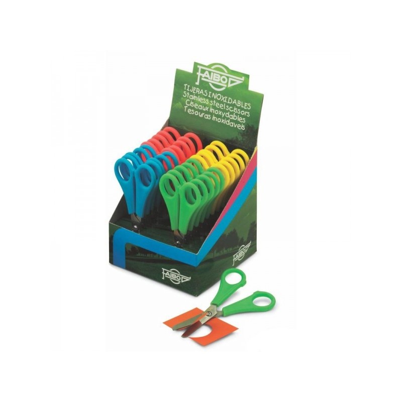 Faibo Présentoir de 20 Ciseaux d'Ecole 13 cm - Pointe Ronde - Acier Inox - Couleurs Assorties