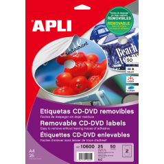 Apli Étiquettes CD/DVD Amovibles Mega Matte Taille 25 Feuilles I/L/C