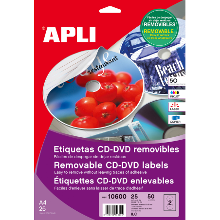 Apli Étiquettes CD/DVD Amovibles Mega Matte Taille 25 Feuilles I/L/C