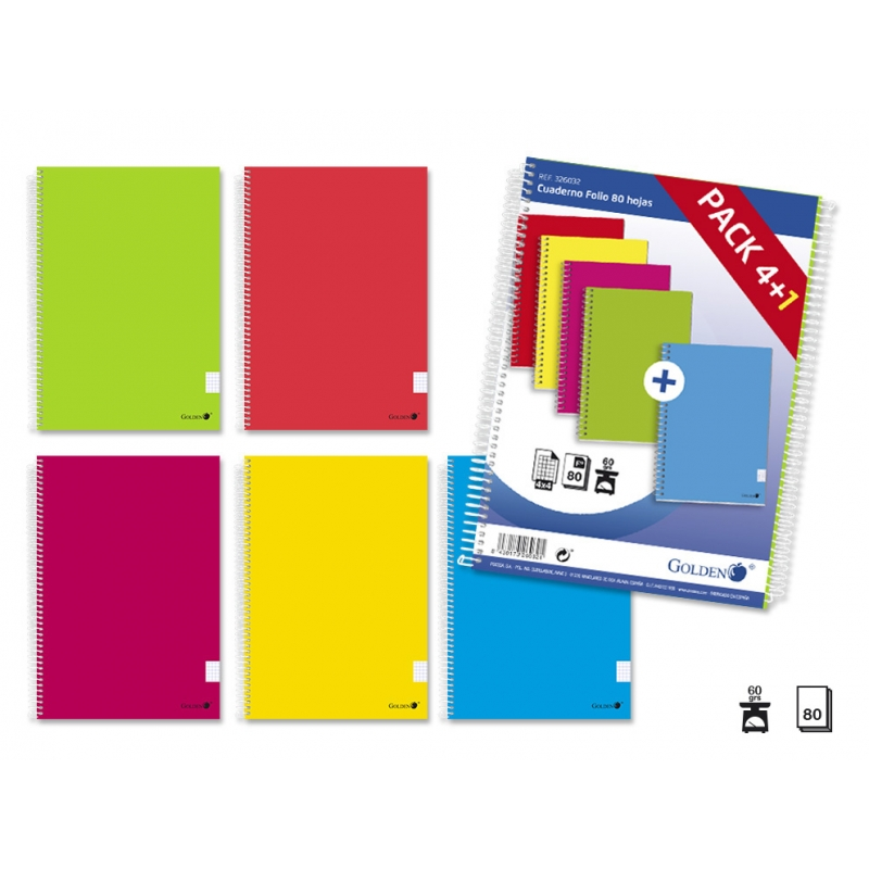 Golden Pack de 5 Carnets Couverture Plastifiée Normale 80 Feuilles - Marge surlignée - Grille 4x4