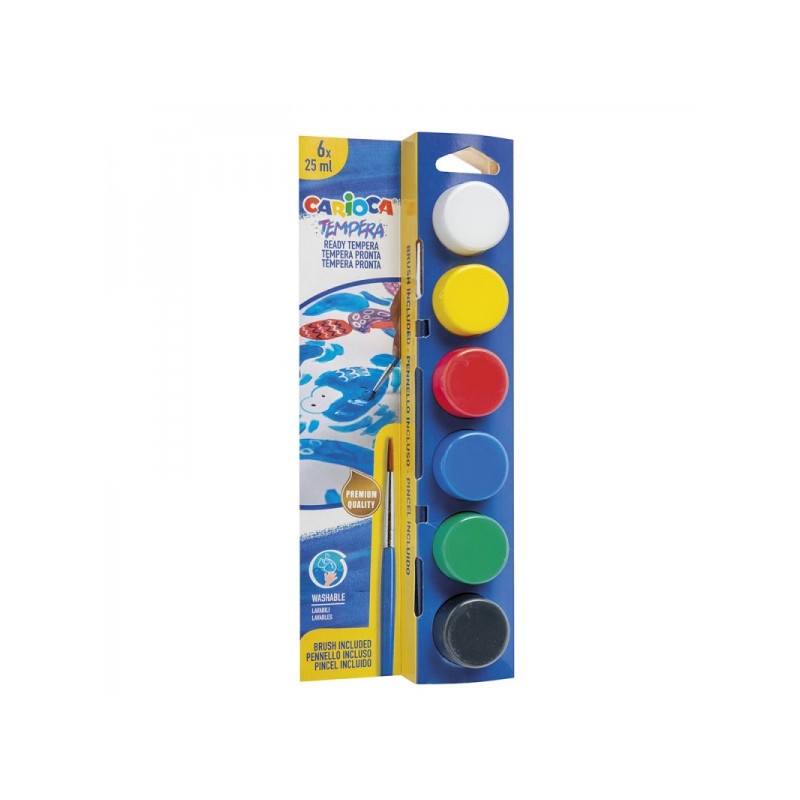 Carioca Pack de 6 Tempera en Pots - 25 ml - Pinceau Inclus - Superlavable - Miscible - Couleurs Assorties