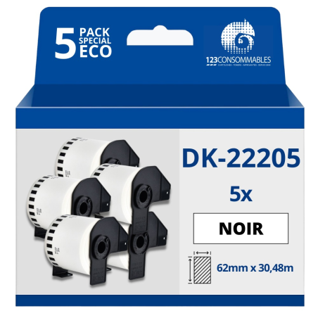 ✅ Pack de 5 Rouleaux Étiquettes compatible avec BROTHER DK-22205 - Largeur 62 mm x 30,48 mètres - Texte noir s en stock