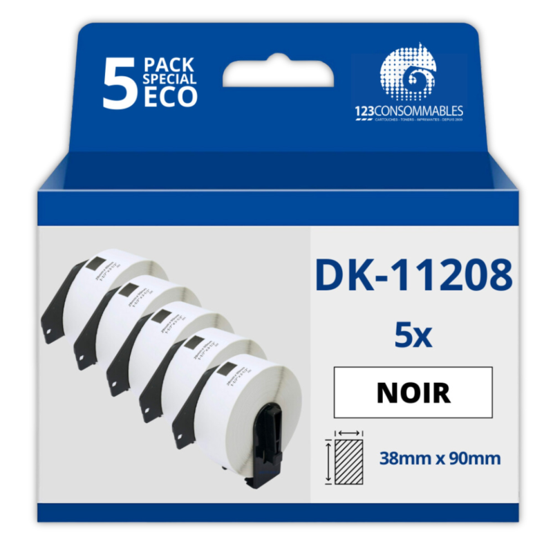 Pack de 5 Rouleaux étiquette compatible BROTHER DK-11208 grandes étiquettes d'adresse 38mm x 90mm
