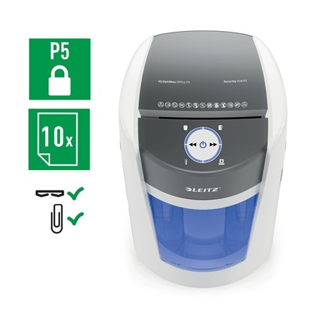 Destructeur de papier Leitz IQ OptiMax Office DIN P5 - Détruit jusqu'à 10 feuilles - Poubelle 35 L avec technologie Spin