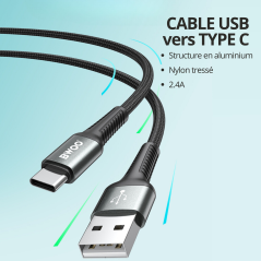 BWOO Câble USB vers USB‑C X288C 1 m Noir – Rapide et durable