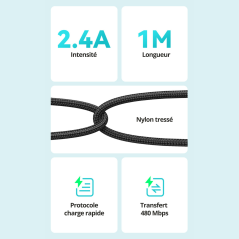 BWOO Câble USB vers USB‑C X288C 1 m Noir – Rapide et durable
