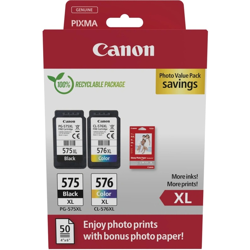 Canon PG-575XL/CL-576XL Multipack de 2 cartouches d'encre originales + 50 feuilles de papier photo - 5437C006 Canon PG-575XL/CL-576XL Multipack de 2 cartouches d'encre originales + 50 feuilles de papier photo - 5437C006
