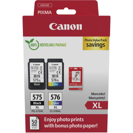 ✅ Canon PG-575XL/CL-576XL Multipack de 2 cartouches d'encre originales + 50 feuilles de papier photo - 5437C006 en stock