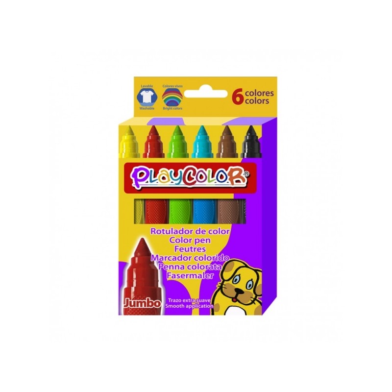 PlayColor Jumbo Basic Lot de 6 marqueurs à pointe épaisse extra douce - Fiables et sûrs - Pointe verrouillée - Capuchon ventilé