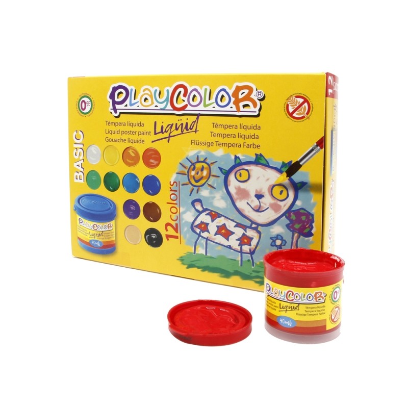 PlayColor Basic Liquide Pack de 12 Temperas 40 ml - Ne gondole pas le papier - Grande viscosité - Haute opacité - Couleurs