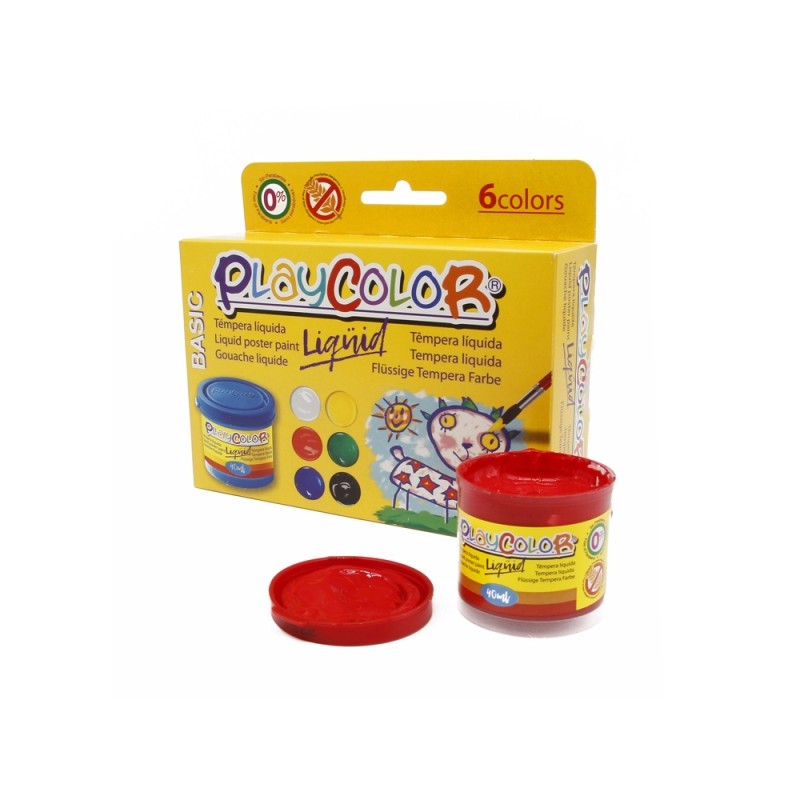 PlayColor Basic Liquide Pack de 6 Tempera 40 ml - Ne gondole pas le papier - Grande viscosité - Haute opacité - Couleurs