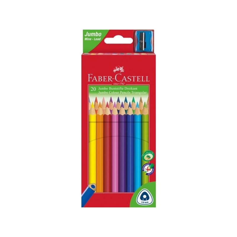 Faber-Castell Jumbo Junior Lot de 20 crayons de couleur triangulaires + taille-crayon - Mine incassable - Lavables - Couleurs