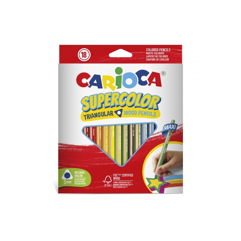 Carioca Supercolor Pack de 18 Crayons en Bois - Corps Maxi Triangulaire - Couleurs Intenses et Grande Opacité - Crayon Épais Ø