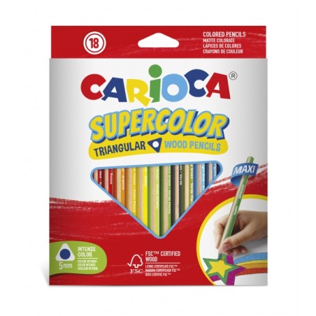 ✅ Carioca Supercolor Pack de 18 Crayons en Bois - Corps Maxi Triangulaire - Couleurs Intenses et Grande Opacité en stock