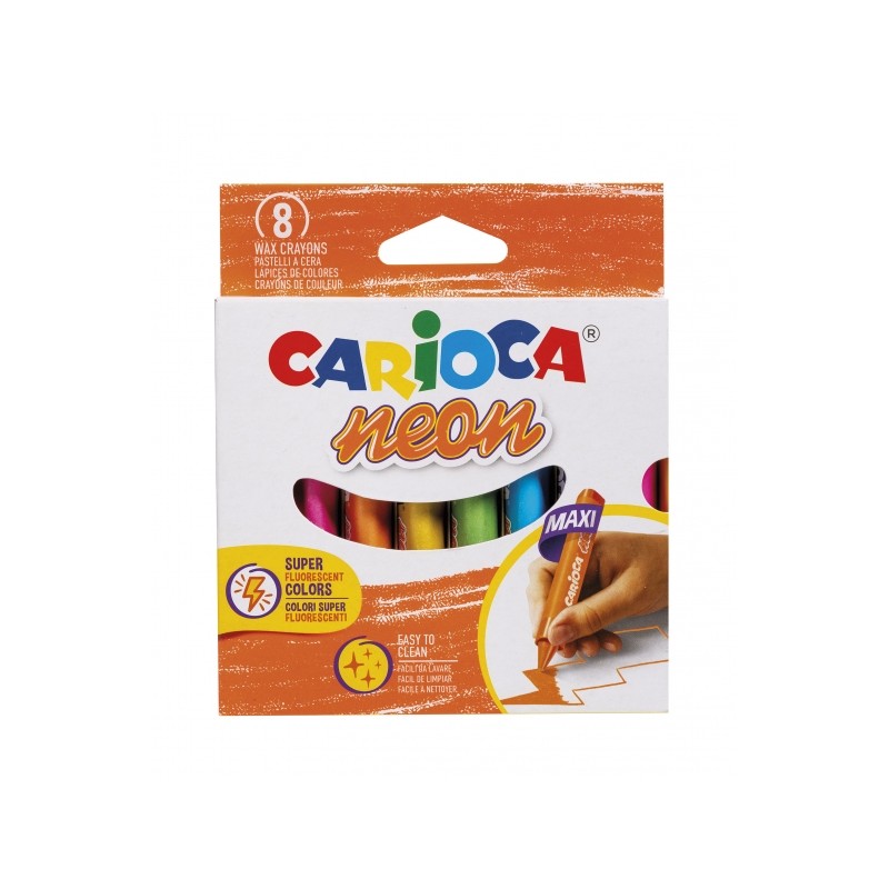 Carioca Cires Néon Pack de 8 Cires - Corps Maxi Triangulaire - Couleurs Couvrantes - Facile à Nettoyer - Diverses Couleurs