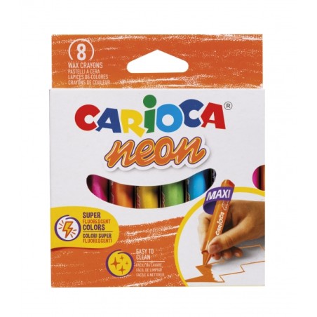 ✅ Carioca Cires Néon Pack de 8 Cires - Corps Maxi Triangulaire - Couleurs Couvrantes - Facile à Nettoyer - Div en stock