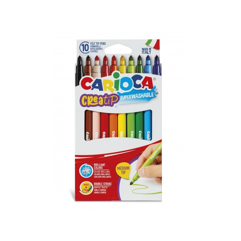 Carioca Creatip Pack de 10 Marqueurs - Encre Super Lavable - Pointe Moyenne à Double Trait - Pointe Verrouillée et Capuchon