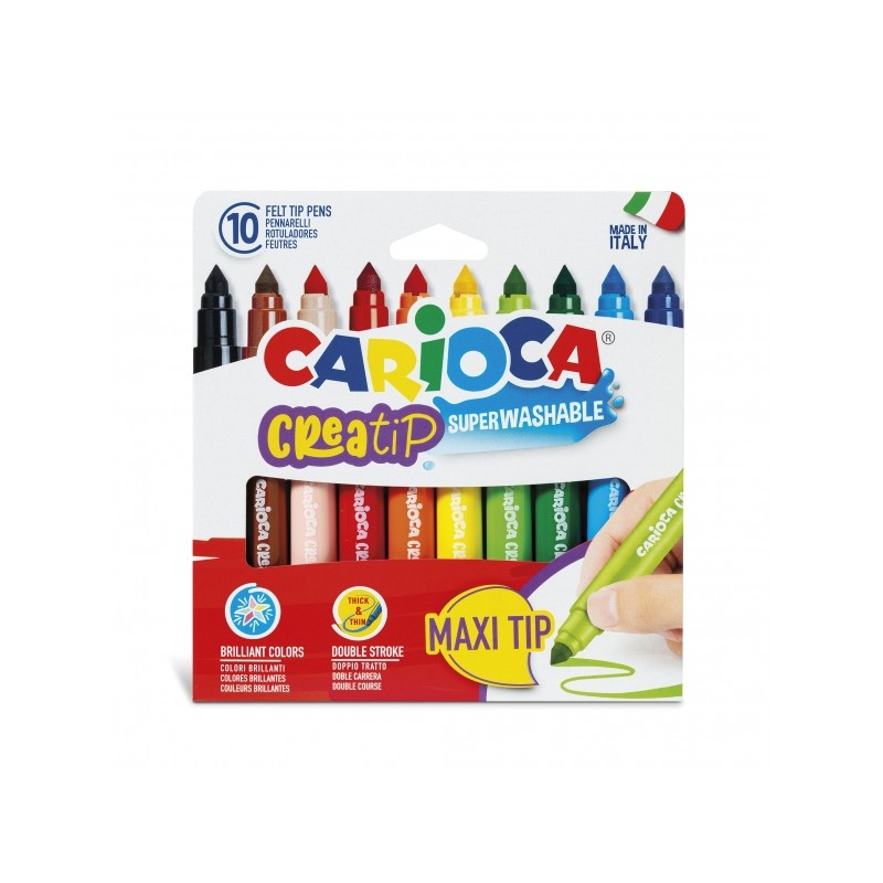 Carioca Creatip Maxi Pack de 10 Marqueurs - Encre Super Lavable - Pointe Maxi à Double Course - Pointe Verrouillée et Capuchon