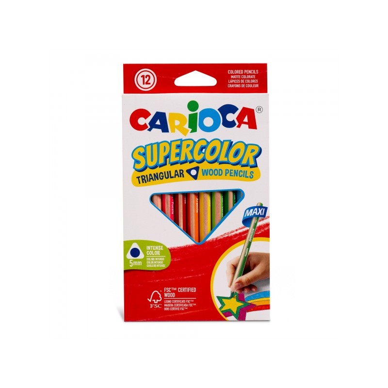 Carioca Supercolor Pack de 12 Crayons en Bois - Corps Maxi Triangulaire - Couleurs Intenses et Grande Opacité - Crayon Épais Ø