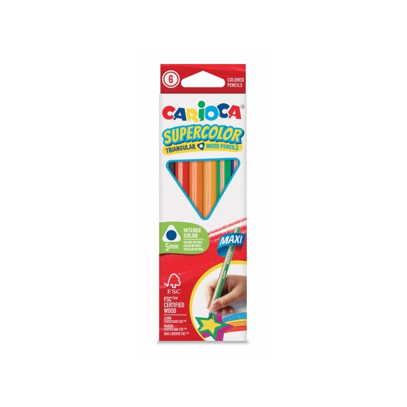 Carioca Supercolor Pack de 6 Crayons en Bois - Corps Maxi Triangulaire - Couleurs Intenses et Grande Opacité - Crayon Épais Ø