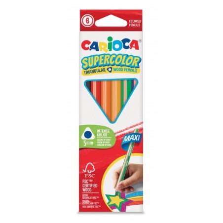 ✅ Carioca Supercolor Pack de 6 Crayons en Bois - Corps Maxi Triangulaire - Couleurs Intenses et Grande Opacité en stock