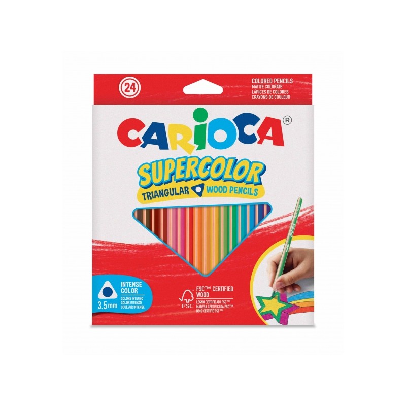 Carioca Supercolor Pack de 24 crayons en bois - Corps triangulaire - Couleurs intenses et grande opacité - Épaisseur 3,5 mm