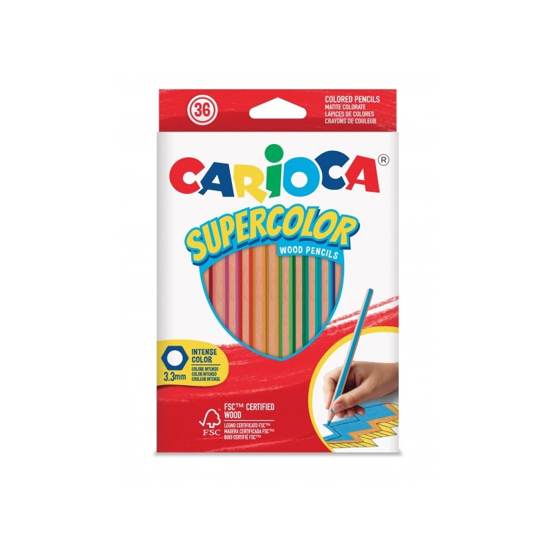 Carioca Supercolor Lot de 36 crayons en bois - Corps hexagonal - Couleurs intenses et grande opacité - Épaisseur 3,3 mm