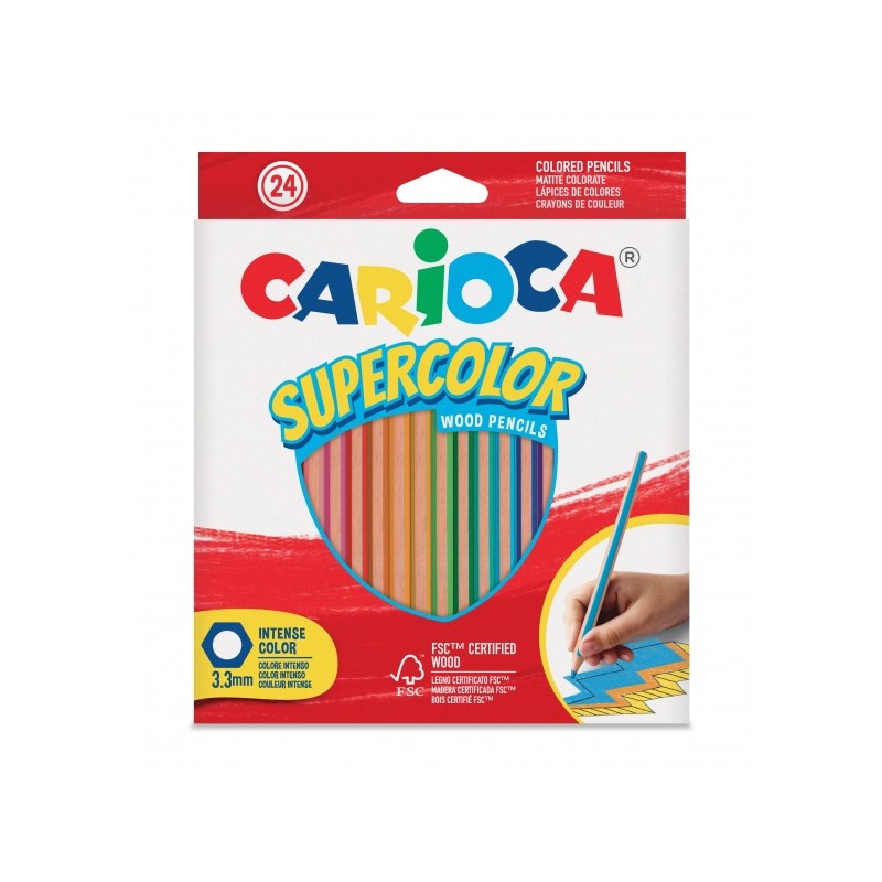Carioca Supercolor Lot de 24 crayons en bois - Corps hexagonal - Couleurs intenses et grande opacité - Épaisseur 3,3 mm