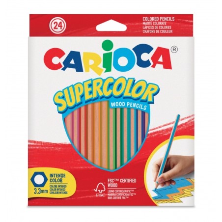 ✅ Carioca Supercolor Lot de 24 crayons en bois - Corps hexagonal - Couleurs intenses et grande opacité - Épais en stock