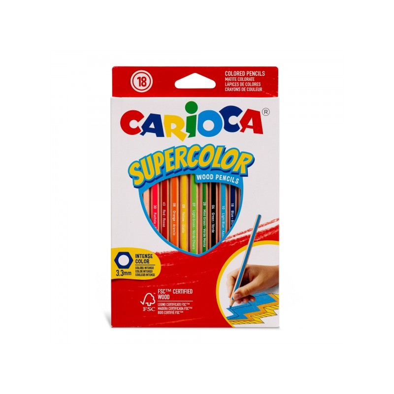 Carioca Supercolor Pack de 18 Crayons en Bois - Corps Hexagonal - Couleurs Intenses et Grande Opacité - Épaisseur 3,3 mm