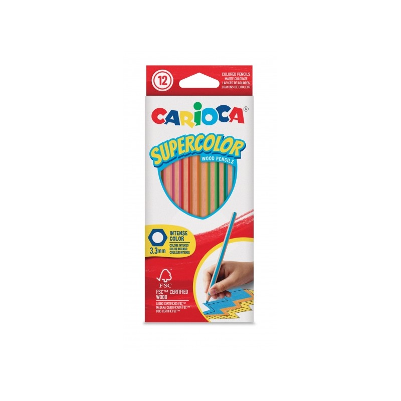 Carioca Supercolor Pack de 12 Crayons en Bois - Corps Hexagonal - Couleurs Intenses et Grande Opacité - Épaisseur 3,3 mm
