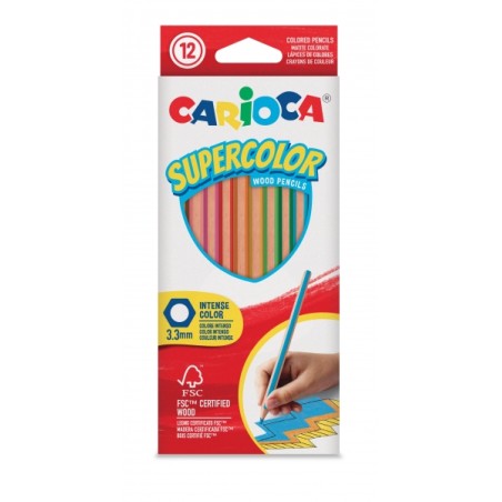 ✅ Carioca Supercolor Pack de 12 Crayons en Bois - Corps Hexagonal - Couleurs Intenses et Grande Opacité - Épai en stock