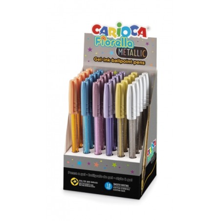 ✅ Carioca Fiorella Présentoir de 30 Stylos de Couleurs Métallisées - Pointe Bille - Corps Transparent Fluo - en stock